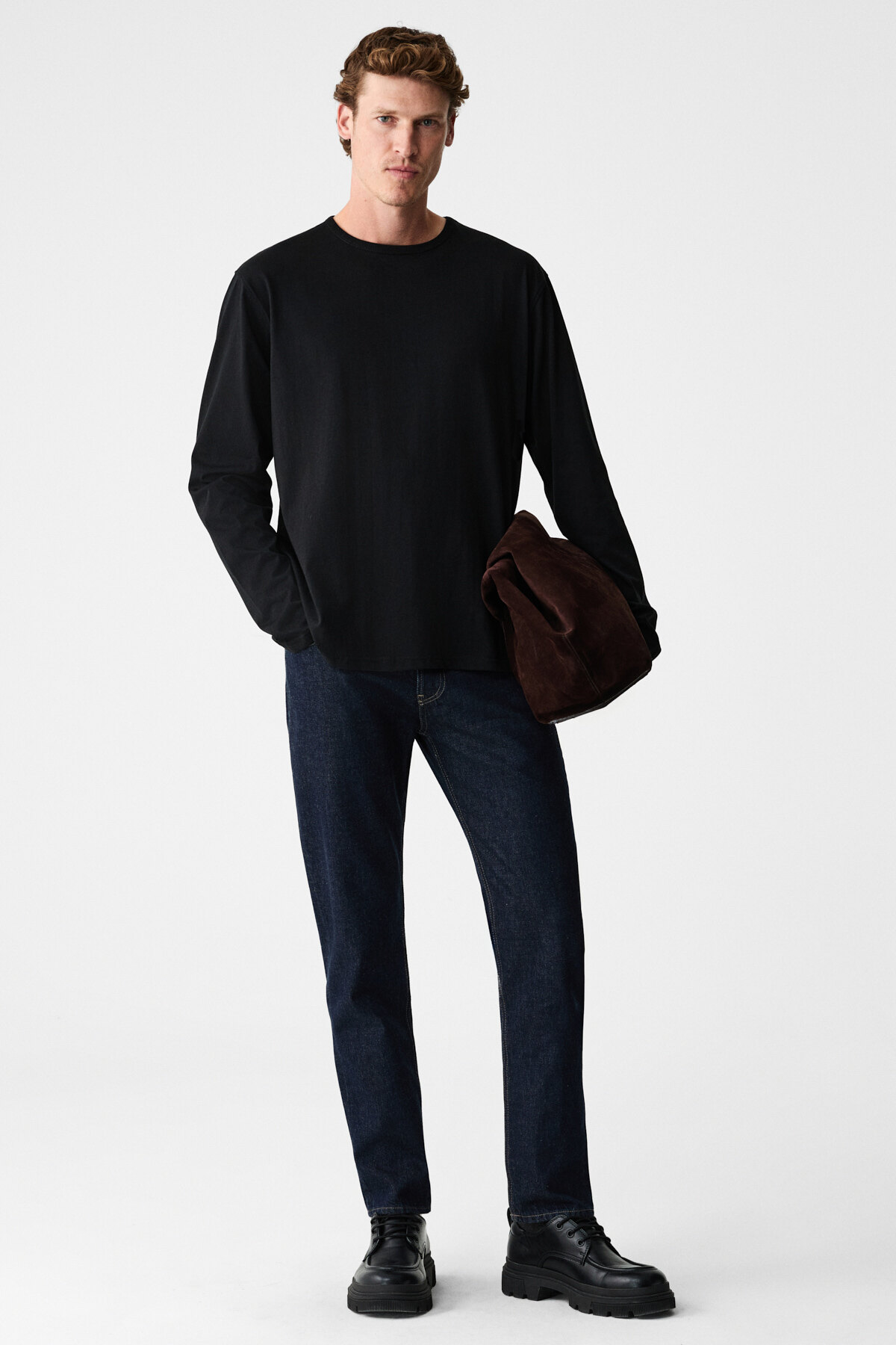 GRIMELANGE  GRAVS Erkek %100 Pamuklu Yumuşak Kumaşlı Yuvarlak Yakalı Uzun Kollu Siyah T-Shirt