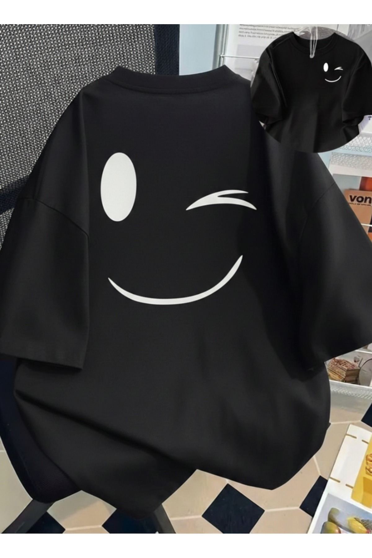 gencerco Unisex Μπλουζάκι με σχέδιο Smiley Face σε διπλή όψη, Basic Crew Neck...