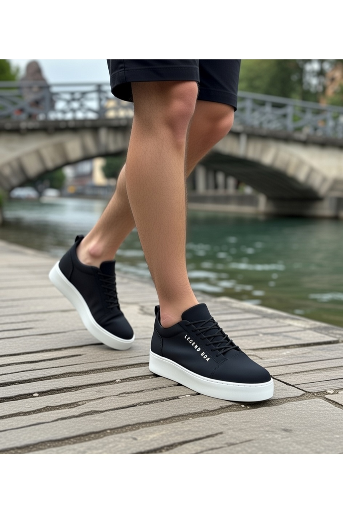 Erkek Siyah Beyaz Bağcıklı Cilt Deri Klasik Ayakkabı Günlük Spor Şık Yüksek Düz Taban Rahat Sneaker — مشکی VELBOA104 — تصویر 2 از 8
