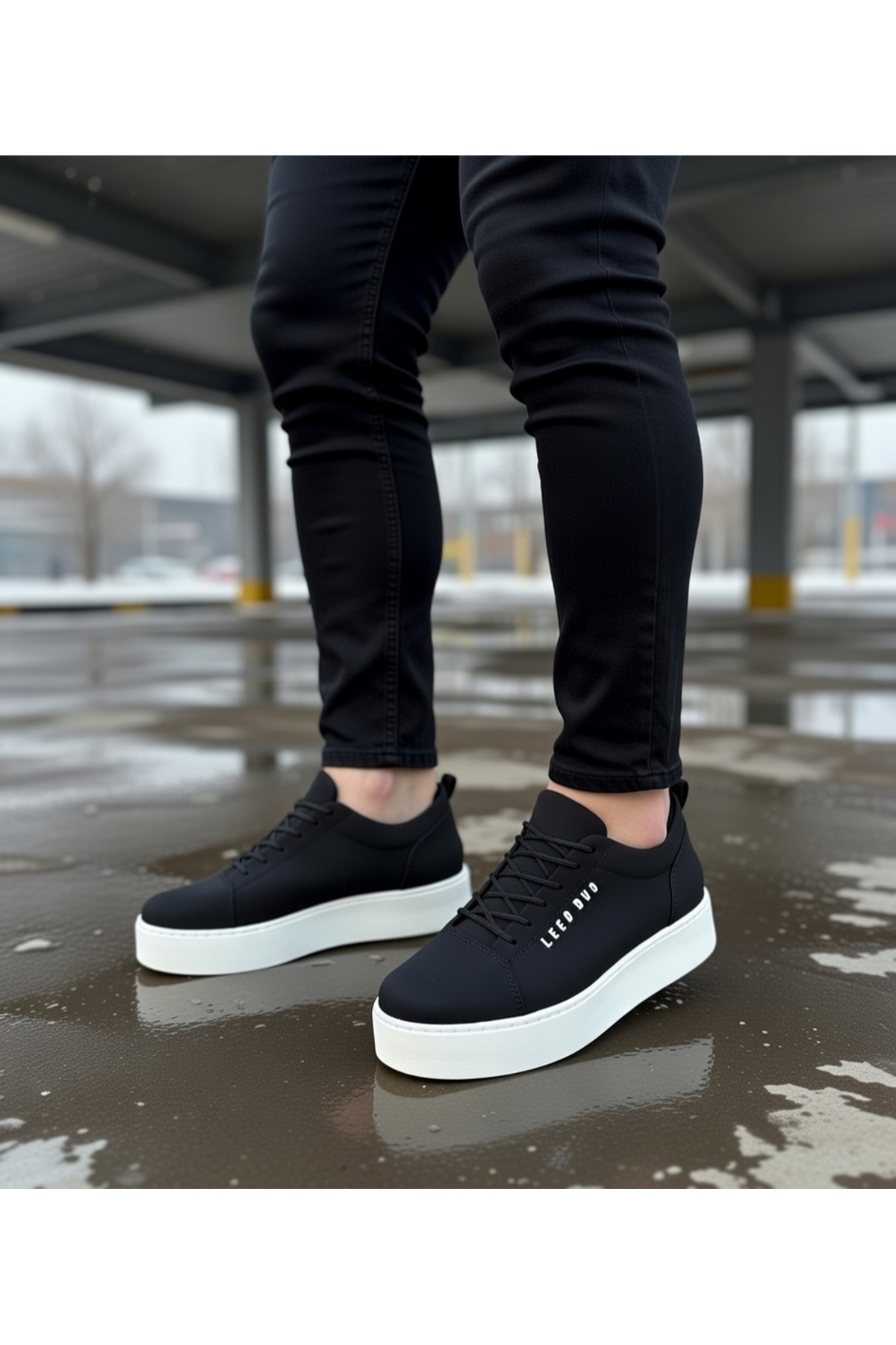 Erkek Siyah Beyaz Bağcıklı Cilt Deri Klasik Ayakkabı Günlük Spor Şık Yüksek Düz Taban Rahat Sneaker — مشکی VELBOA104 — تصویر 3 از 8