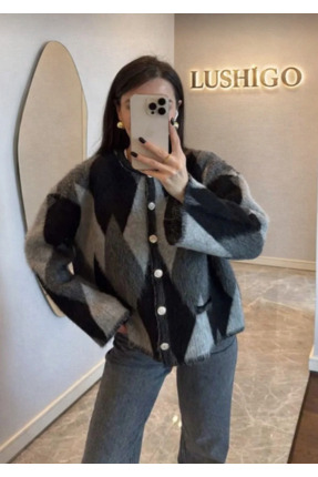 LUSHİGO Kadın Kare Desenli Sakallı Şık Düğmeli Yumoş Triko Hırka