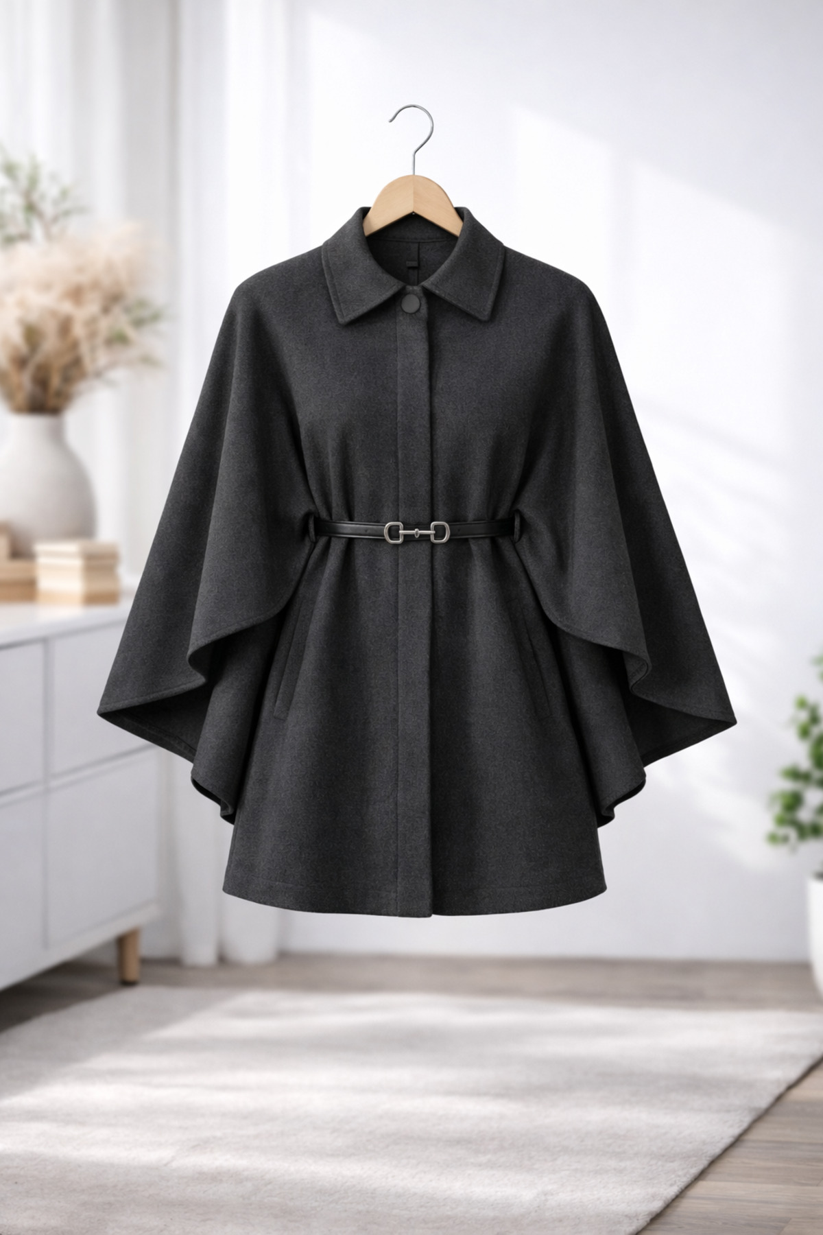 Richarlison  Tesettür Kışlık Kaşe Panço - Kemerli Zarif Kesim