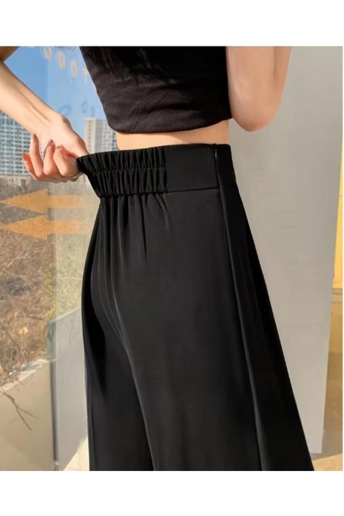 Hazel  Kadın Siyah Arkası Lastikli İp Bağlama Detaylı Yüksek Bel Palazzo Pantolon - Görsel 4