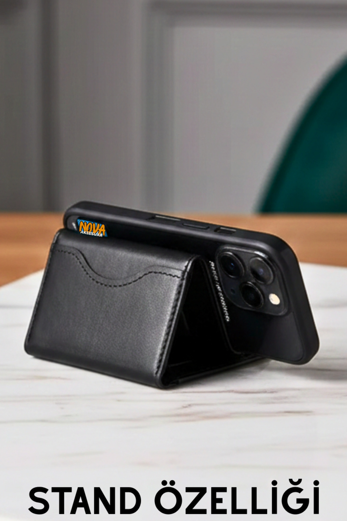 cepmoda  iPhone "12-13-14-15-16-17 Plus/Pro/Max" Uyumlu - Magsafe Premium Deri Kartlık Cüzdan Stand - SİYAH - Görsel 7