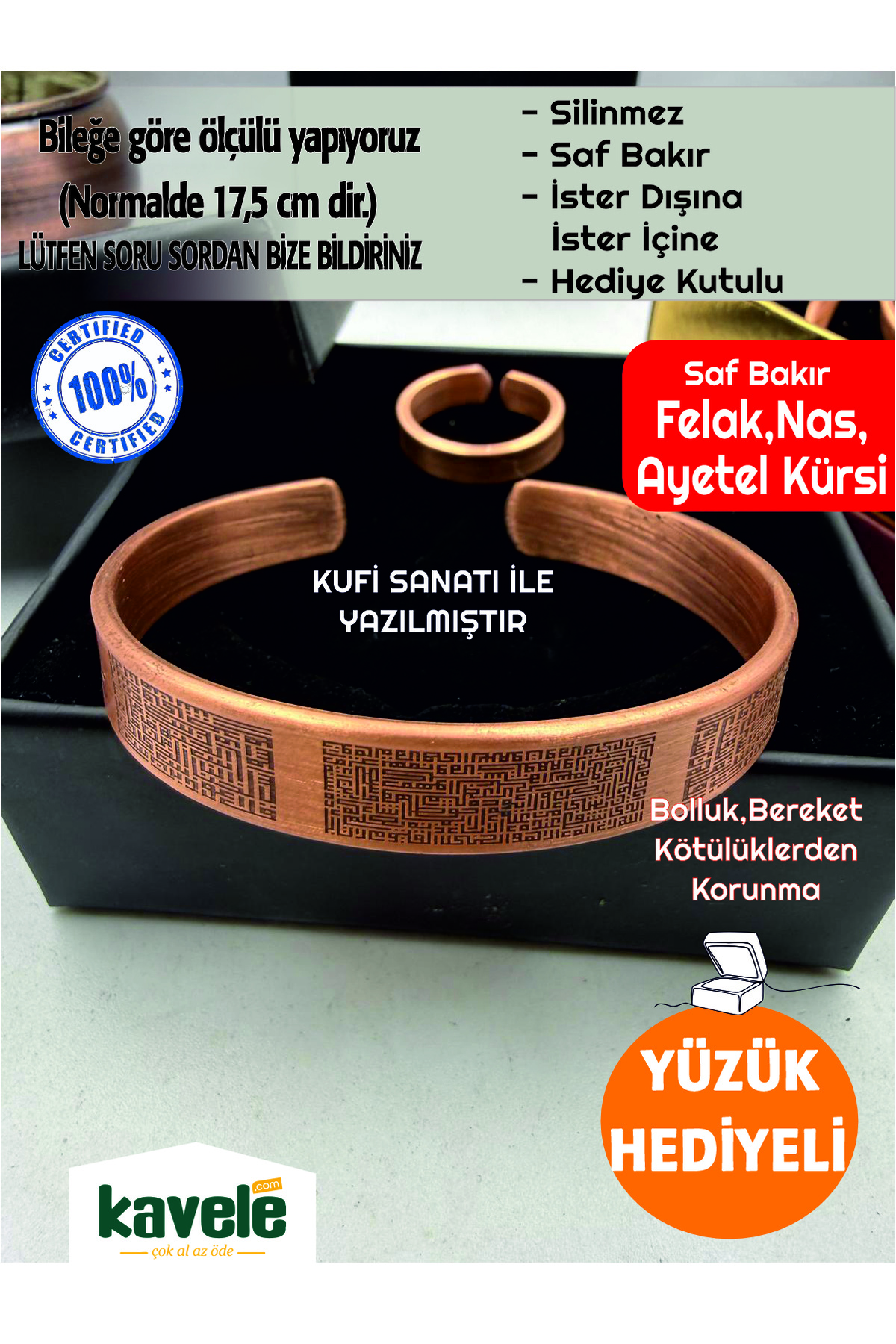 Ham saf Bakır Zarif Kufi Felak Nas Ayetel Kürsili bakır bileklik-Hediyelik Kutuda