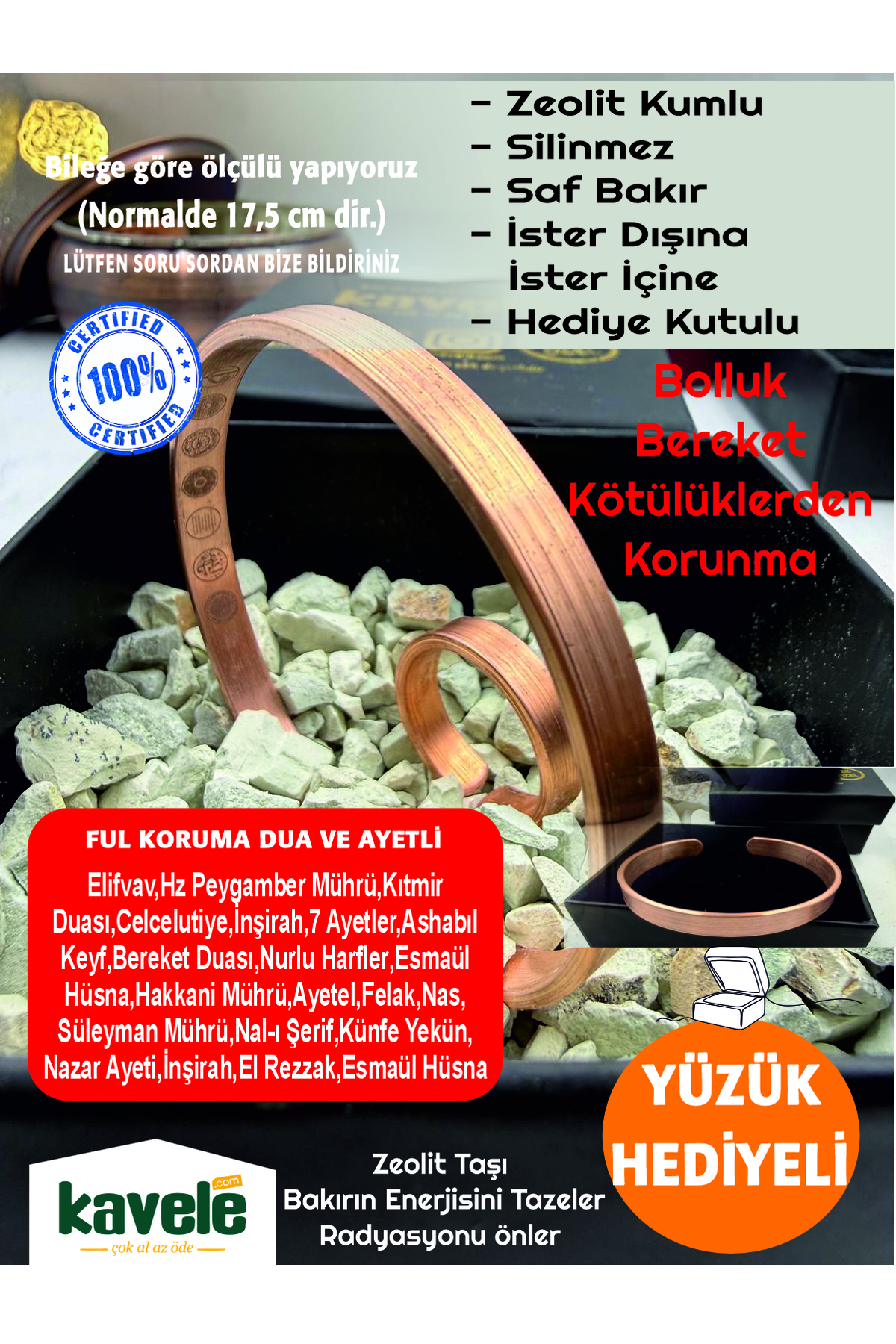 Ham saf Bakır Zarif Dışı Düz İçi Fulkoruma Zırhlı Zeolit Taşlı bakır bileklik-Hediyelik Kutuda