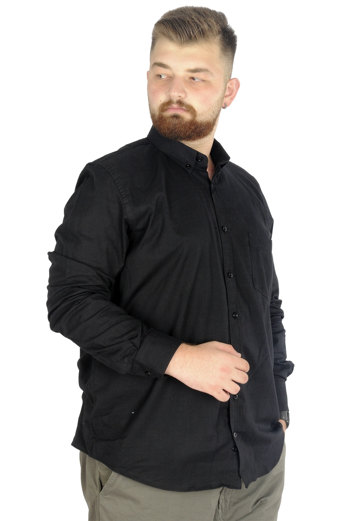 ModeXL Mode XL Büyük Beden Erkek Keten Cepli Gömlek 20386 Siyah görsel 2