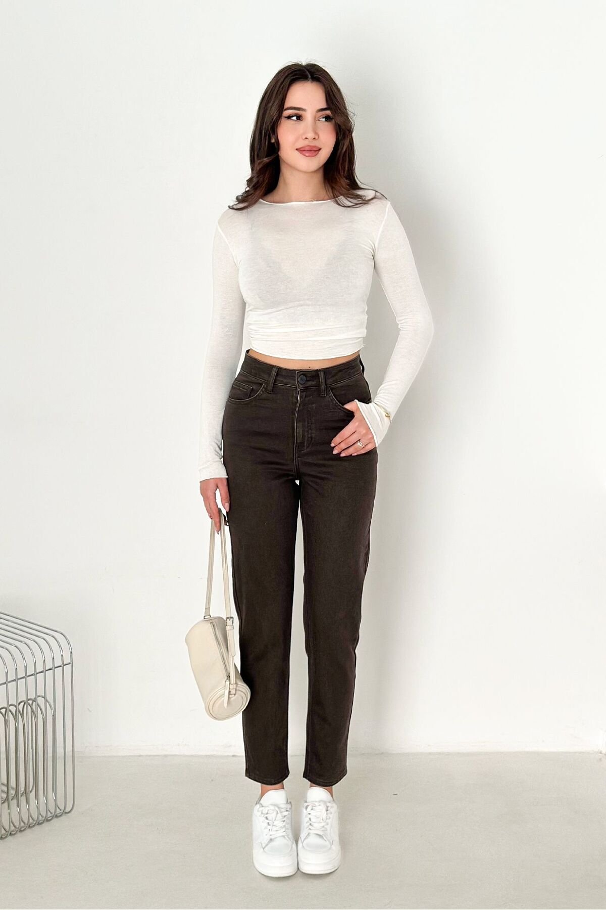 HLT JEANS  Kahverengi Kadın Likralı Mom Jean Yüksek Bel Esnek Kot Pantolon ANNA-2074 - Görsel 5