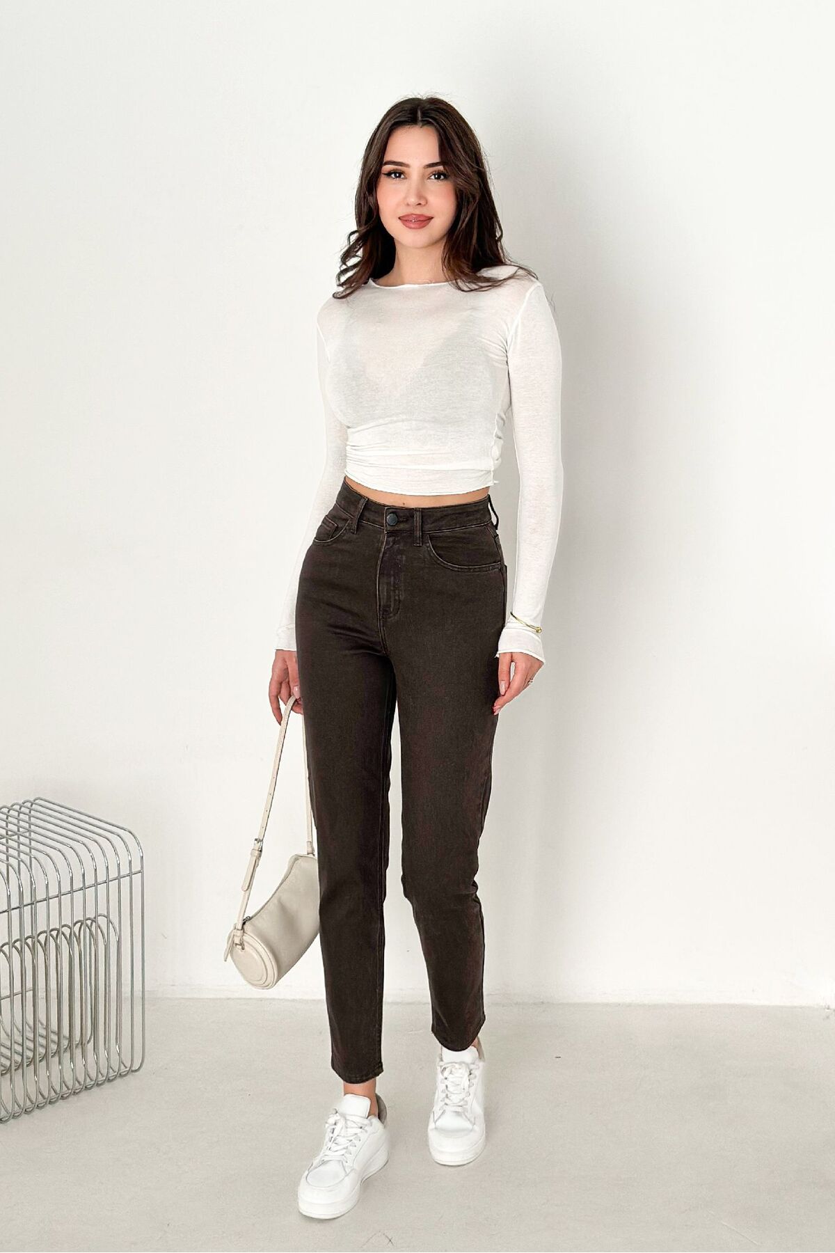 HLT JEANS  Kahverengi Kadın Likralı Mom Jean Yüksek Bel Esnek Kot Pantolon ANNA-2074 - Görsel 3