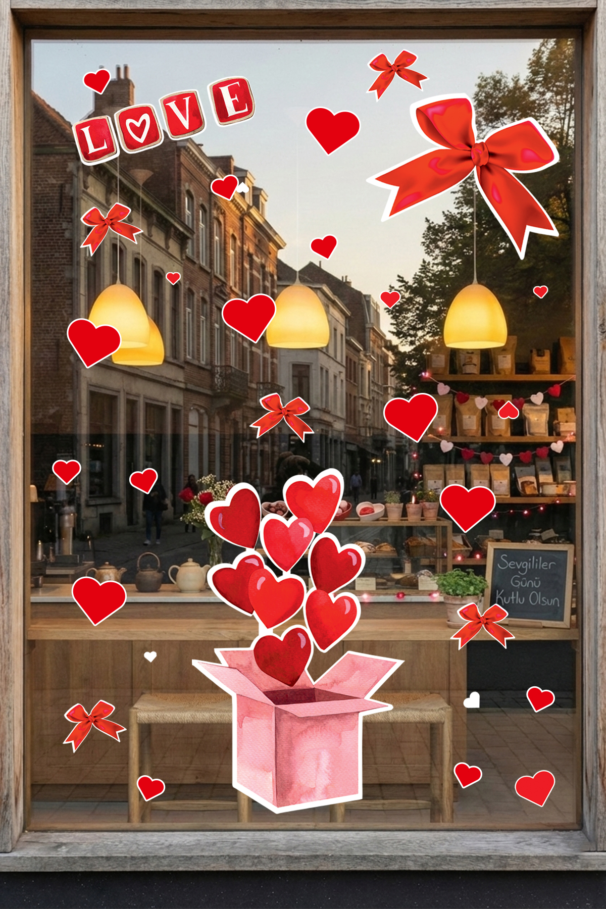 Love Themed Heart & Ribbon Design Sticker Set - 14 February Love Box Glass Showcase Store Decoration