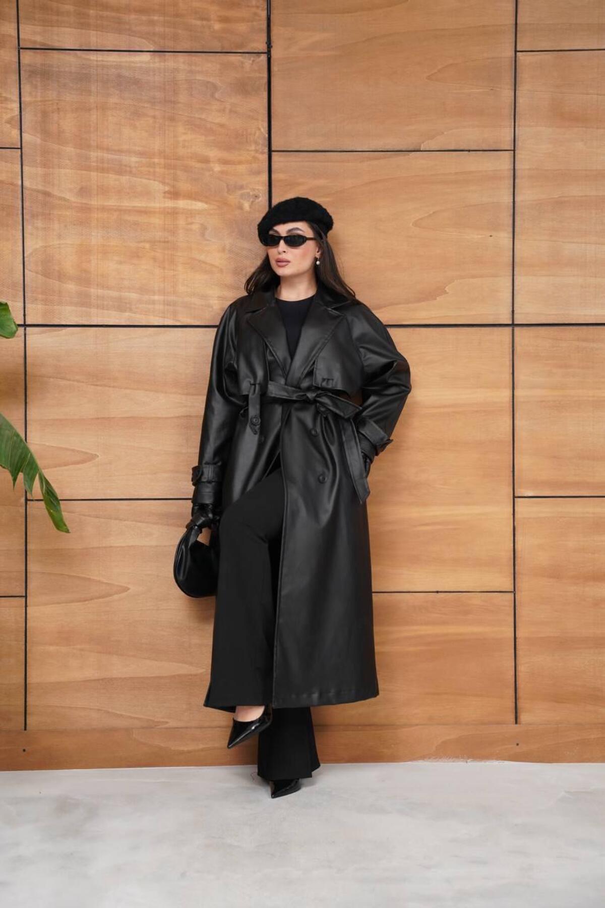 Ekim Store  Kol Düğmeli Astarlı Uzun Deri Kaban - Görsel 3