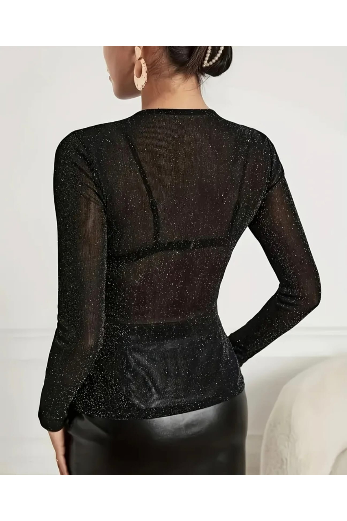 KİM Kİ O  KADIN ŞEFFAF TÜL GÜMÜŞ SİM DETAYLI TRANSPARAN YUVARLAK YAKA UZUN KOLLU - Görsel 4