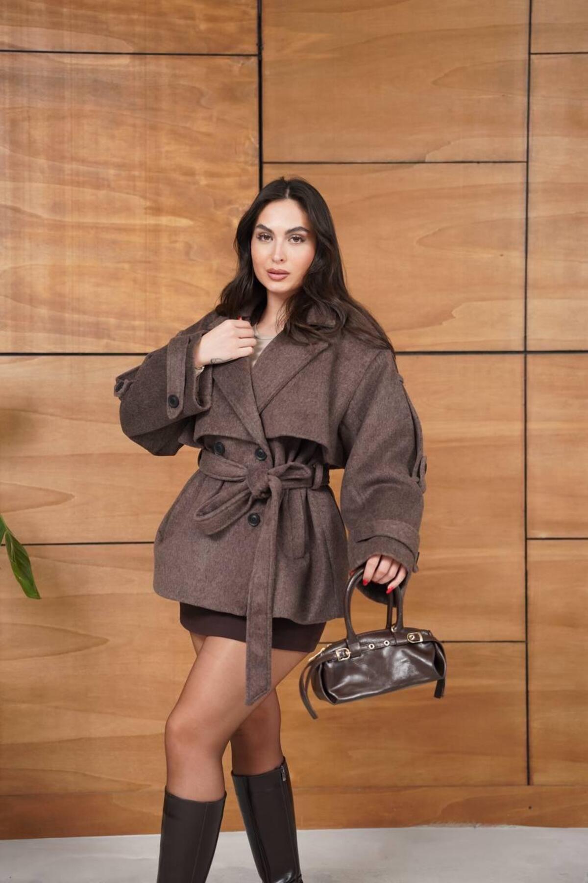 Ekim Store Kaşe Kruvaze Kuşaklı Trençkot görsel 6