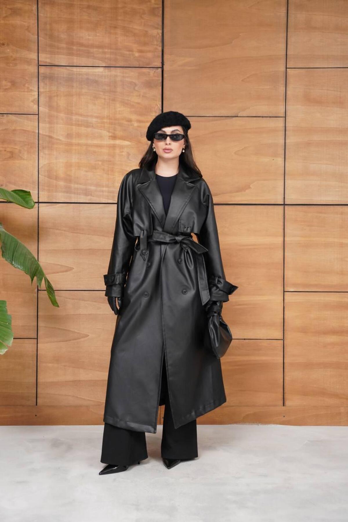 Ekim Store  Kol Düğmeli Astarlı Uzun Deri Kaban - Görsel 2