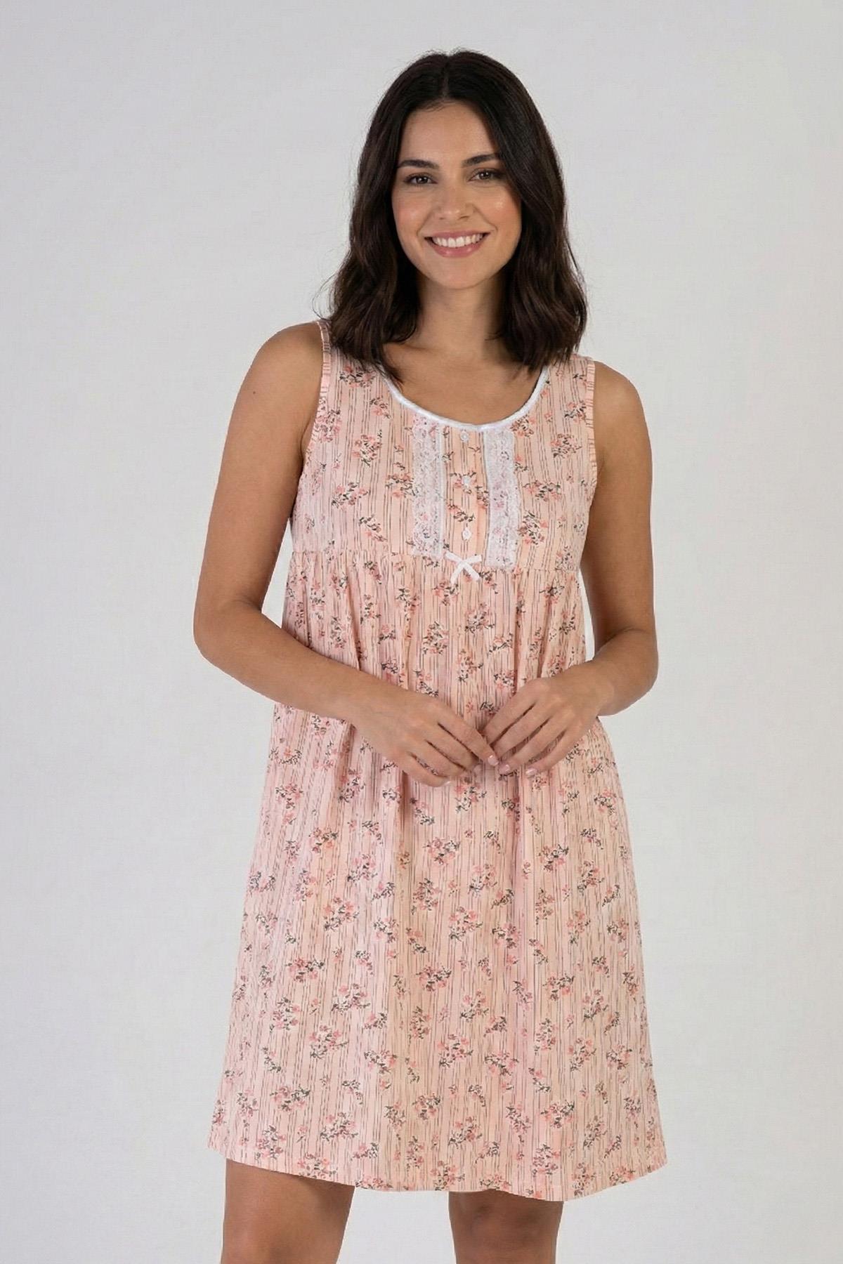 cotonhause Kadın Sıfır Kol Somon Renk Gecelik - Düğmeli, Dantel Detaylı Gecelik COT2724X3