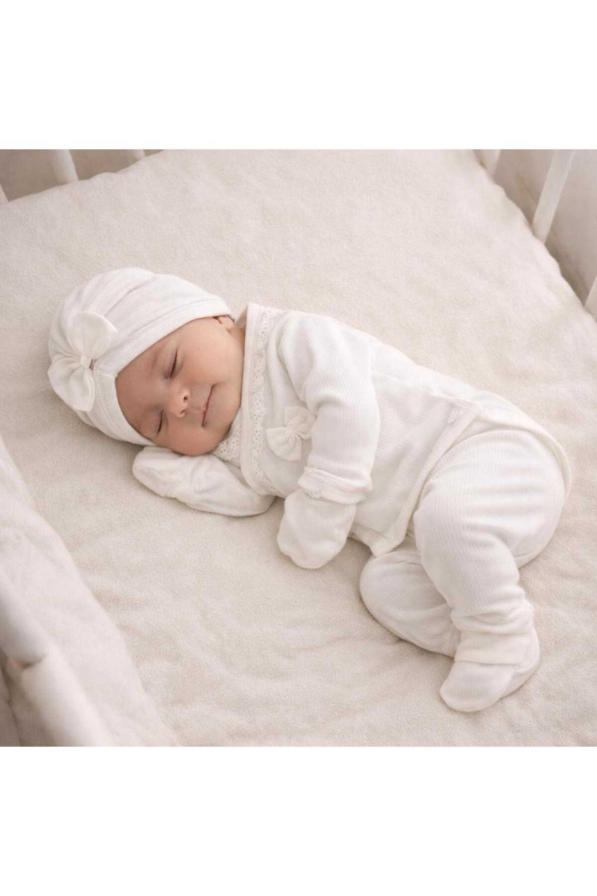 BYS BABY FASHION Mevsimlik %100 Pamuklu 5'li Fiyonklu Fistolu Yenidoğan Kız Bebek Hastane Çıkış Zıbın Seti Kutulu fotoğrafı 7 (önizleme)