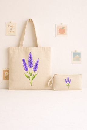 Maki Craft LAVANTA FLORAL ÇİÇEK DESENLİ 2’Lİ BEZ ÇANTA & KALEMLİK SETİ