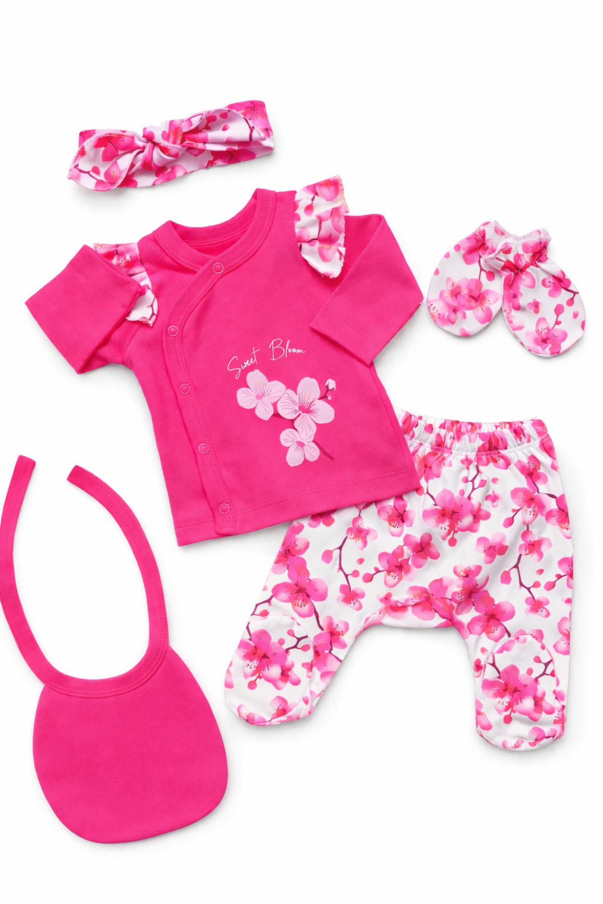 Linda Harris Cherry Blossom Pattern Fuşya 5’li Yenidoğan Kız Bebek Hastane Çıkışı Seti fotoğrafı 2 (önizleme)