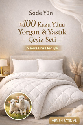 Sade Yün %100 Kuzu Yünü Standart Boy Çift Kişilik Yorgan + 2 Adet Yastık
