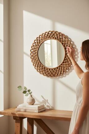home inn Hasır Görünümlü Dekoratif Duvar Aynası 43 cm – Rustik & Bohem Ev Dek...