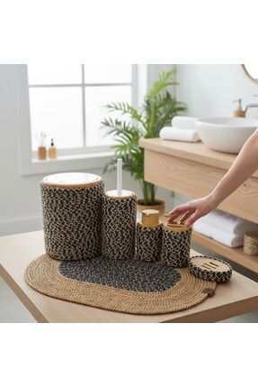 Home Inn Home Textile Doğal Dokulu Hasır Görünümlü 6 Parça Banyo Takımı – Zar...