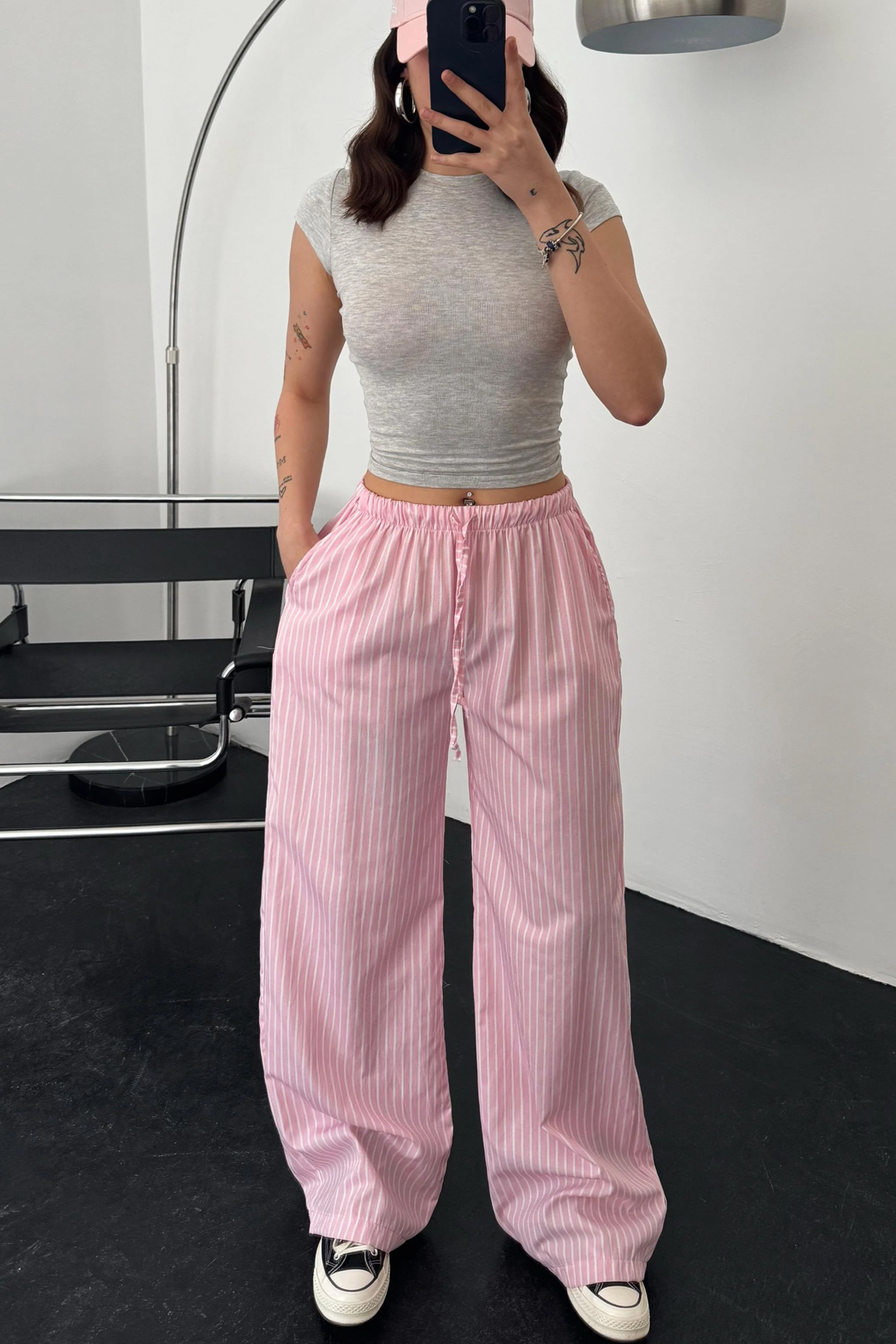 İlayda Toprak  Lisbon Çizgili Bol Paça Pembe Eşofman Altı - Görsel 2