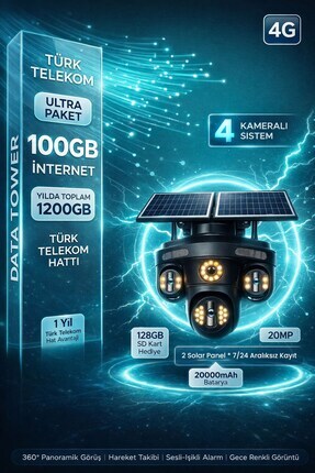 Kadraj 4G Sim Kartlı Kamera - Güneş Enerjili 4 Kameralı - 1200GB TURK TELEKOM...