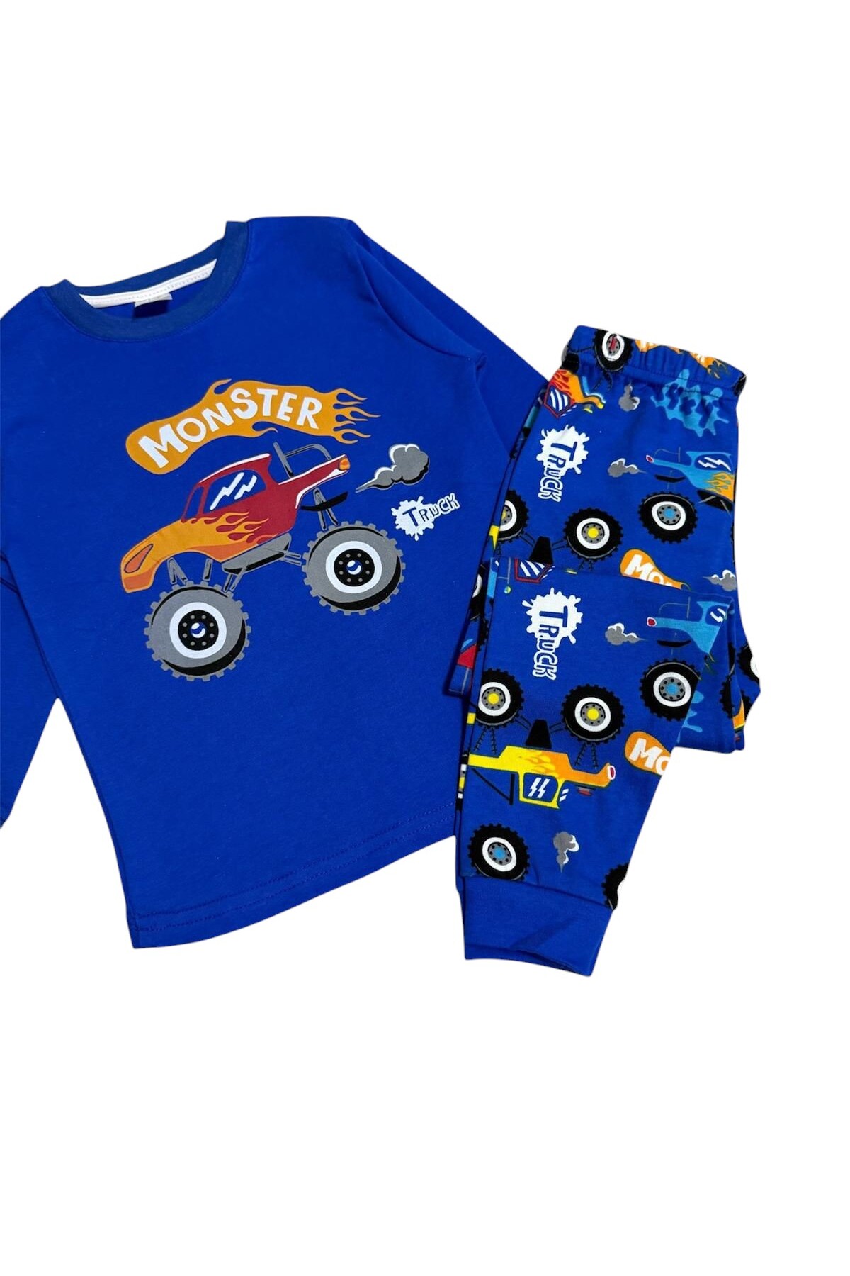 Fil Kids Erkek Çocuk %100 Pamuklu Kumaş Mavi Renk Monster Cip Araba Desenli Uzun Kollu Kışlık Pijama Takımı fotoğrafı 3 (önizleme)