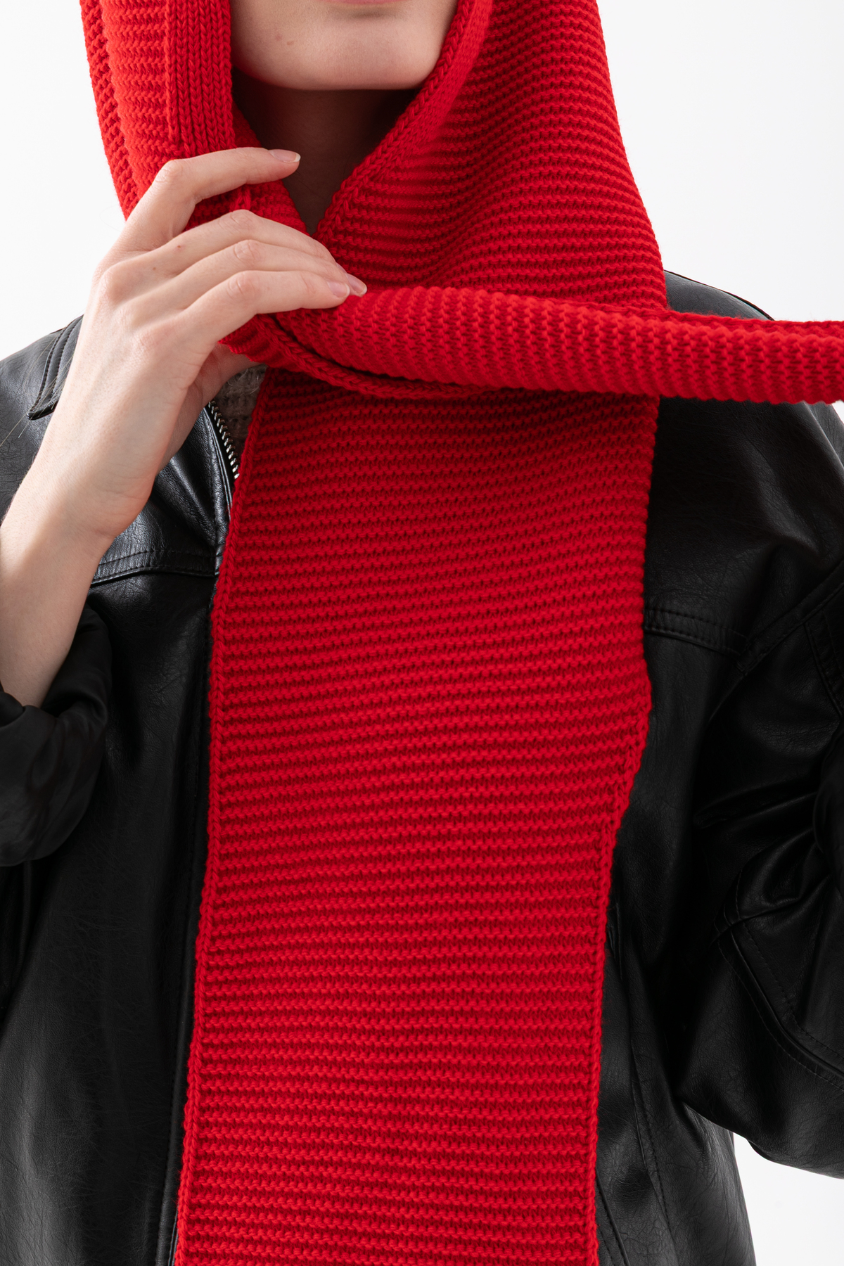 Wega Moda Kapüşonlu Kalın Atkılı Balaclava Kadın, Triko Kapşon Şal | Yumuşak Dokulu Kışlık Aksesuar - Kırmızı görsel 7