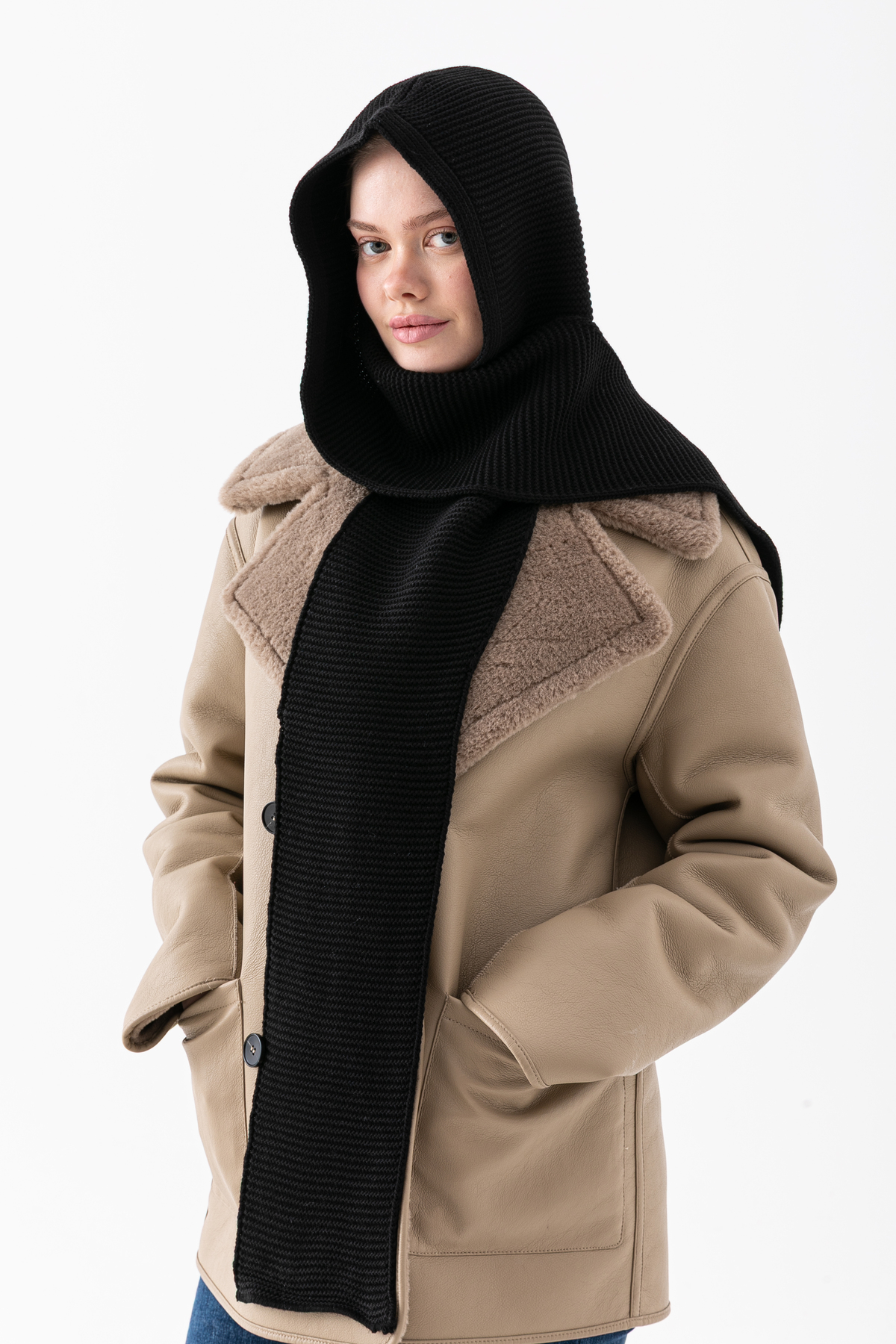 Wega Moda Kapüşonlu Kalın Atkılı Balaclava Kadın, Triko Kapşon Şal | Yumuşak Dokulu Kışlık Aksesuar - Siyah görsel 6