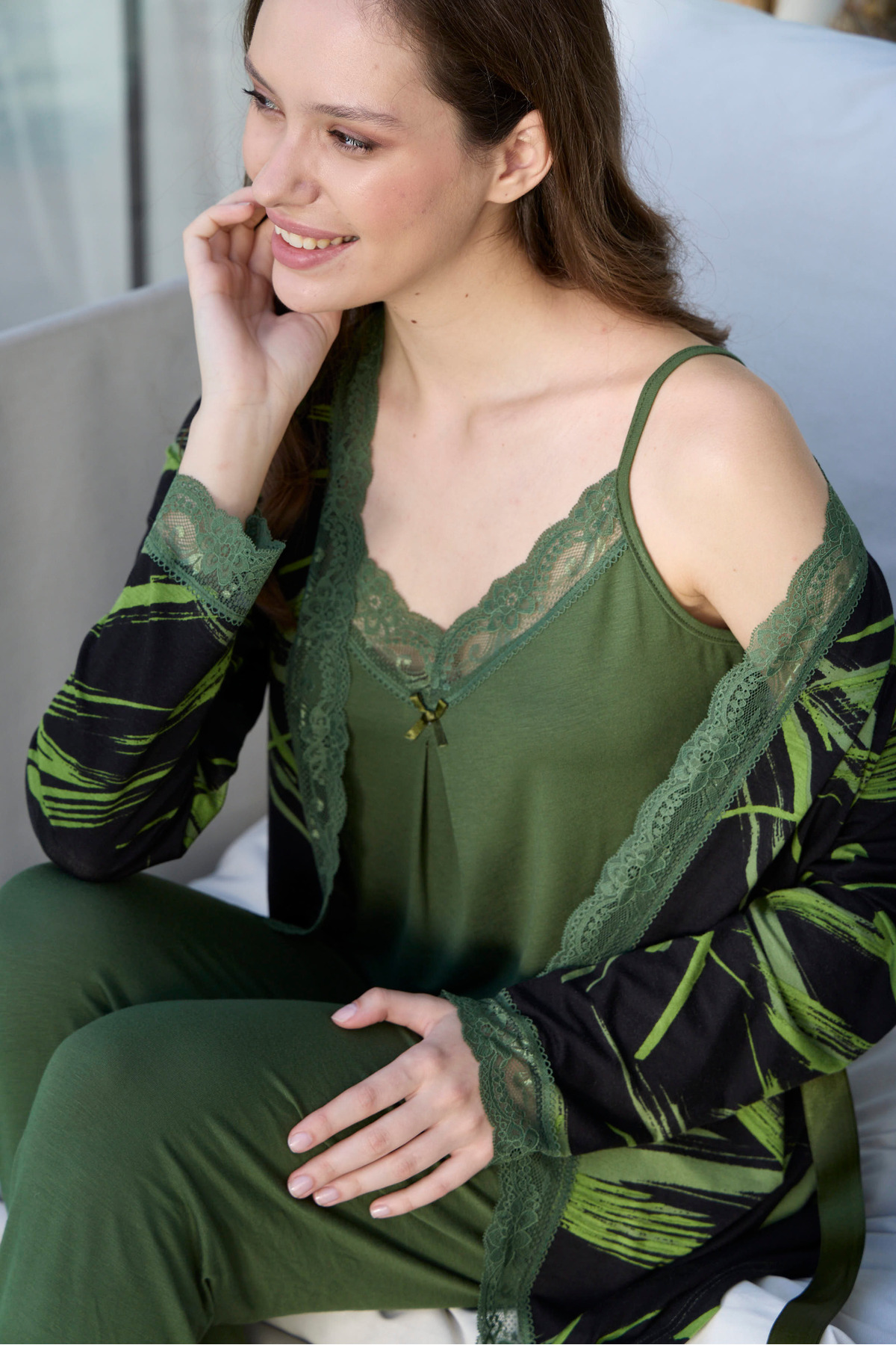 Khaki Ring Viscose 3-Piece Patterned Pajamas Set