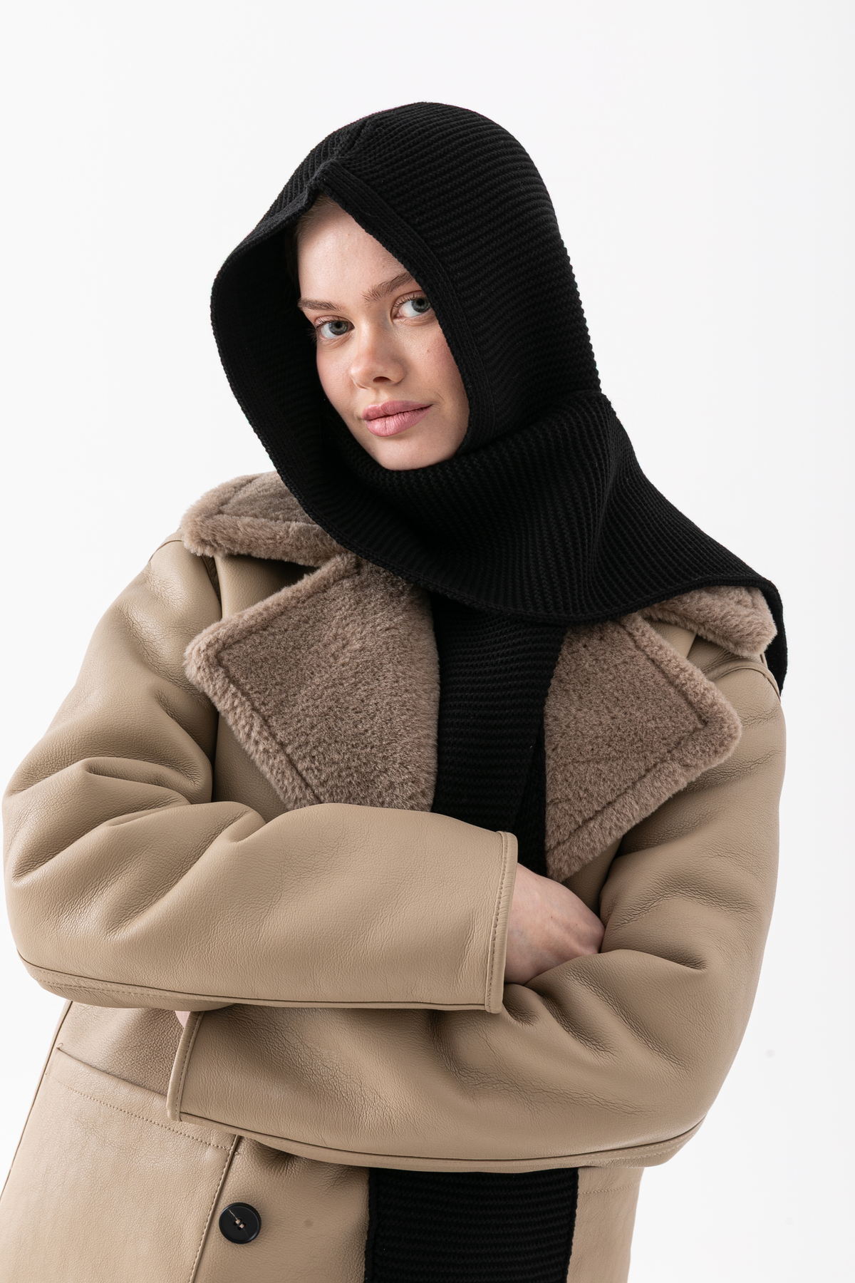 Wega Moda Kapüşonlu Kalın Atkılı Balaclava Kadın, Triko Kapşon Şal | Yumuşak Dokulu Kışlık Aksesuar - Siyah görsel 8