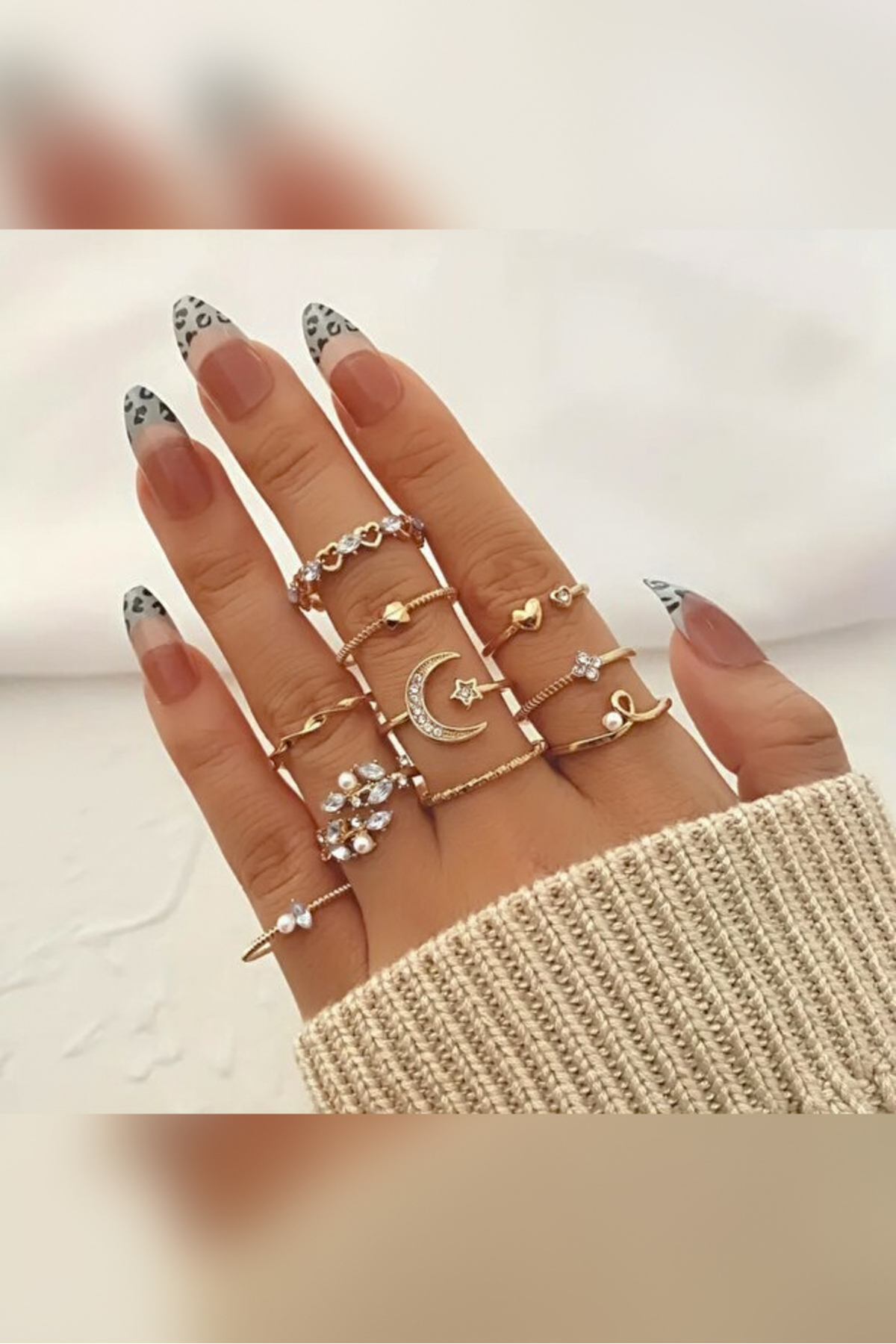 The Collection  9'lu Taşlı Kombin Ay yıldız kelebek ok kalp Tasarım Yüzük Set - Görsel 7