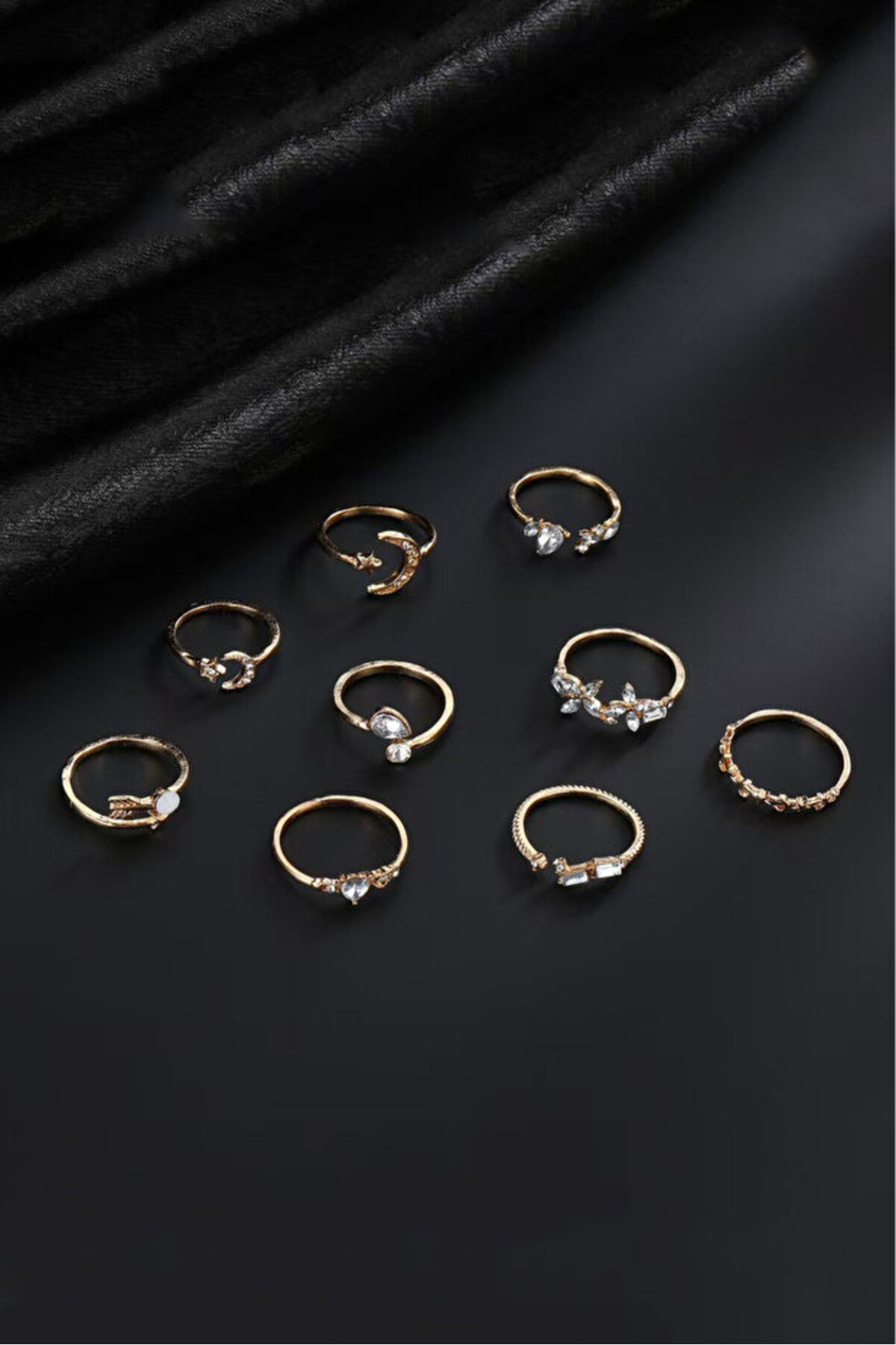 The Collection  9'lu Taşlı Kombin Ay yıldız kelebek ok kalp Tasarım Yüzük Set - Görsel 4