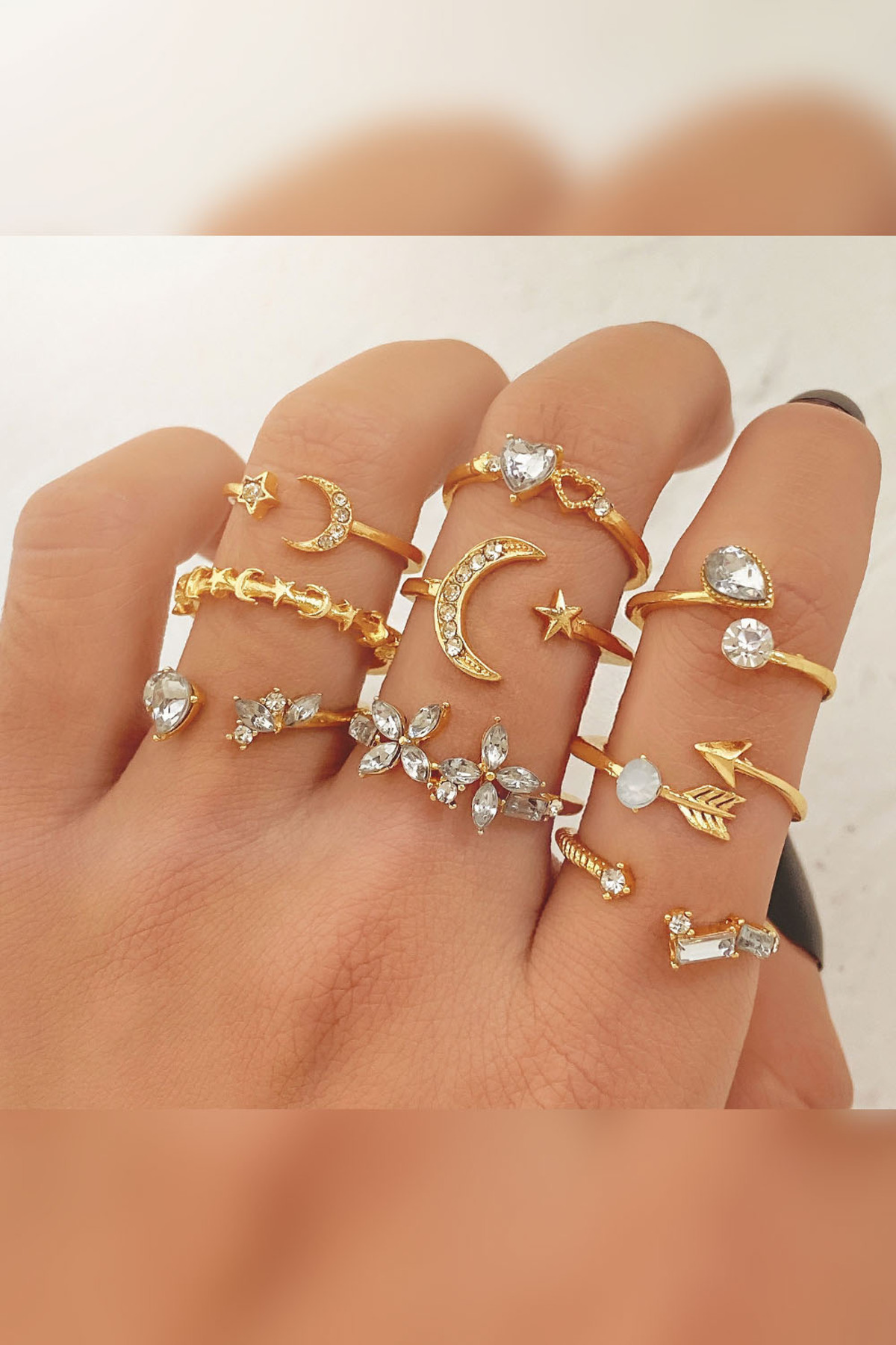 The Collection  9'lu Taşlı Kombin Ay yıldız kelebek ok kalp Tasarım Yüzük Set - Görsel 2