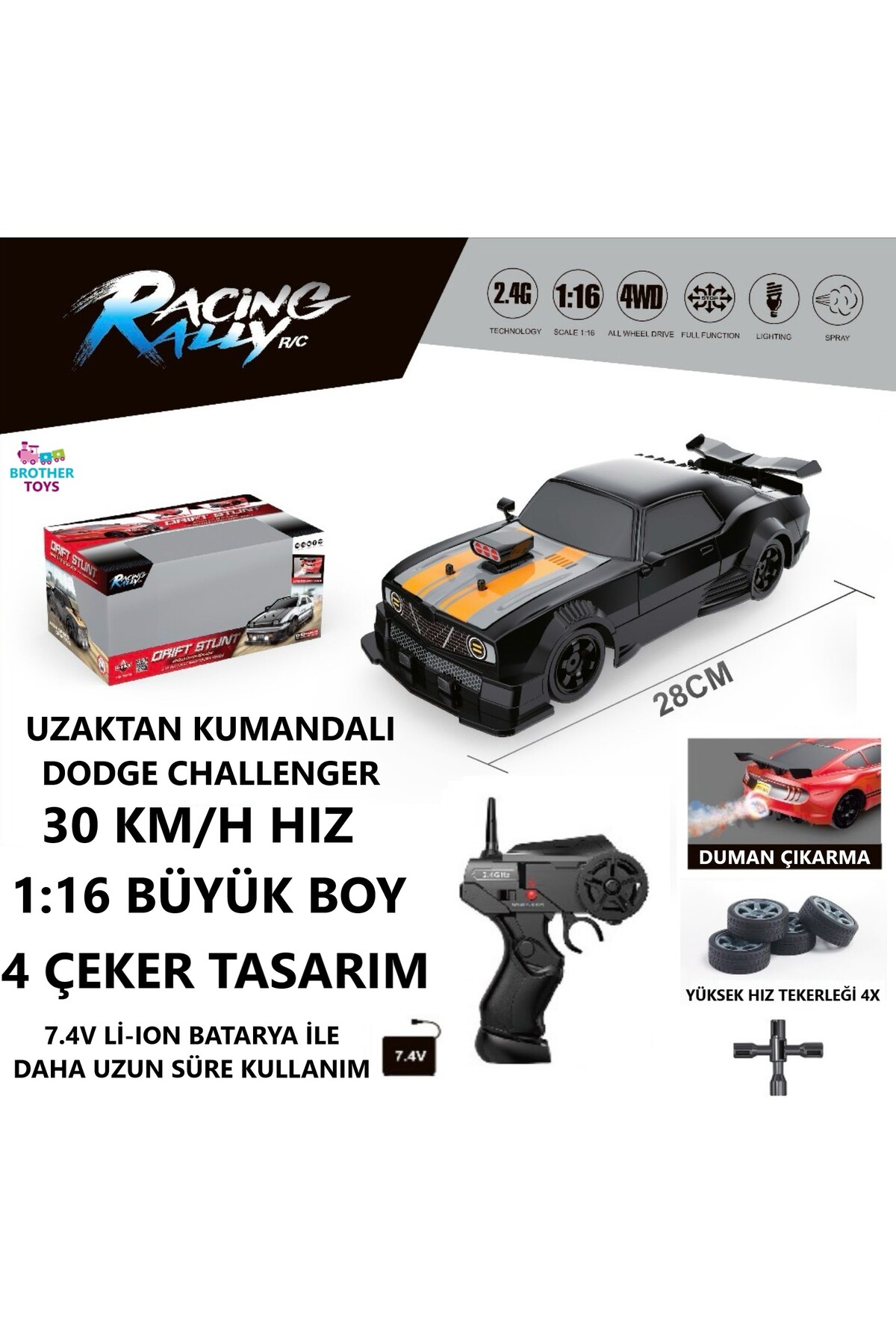 Brother Toys 30 Km/H Hız Duman Çıkaran Şarjlı Dodge Challenger
