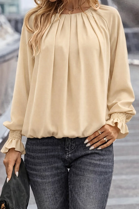 deafox Bej Yuvarlak Yaka Pileli Fener Kol Krep Kumaş Bluz