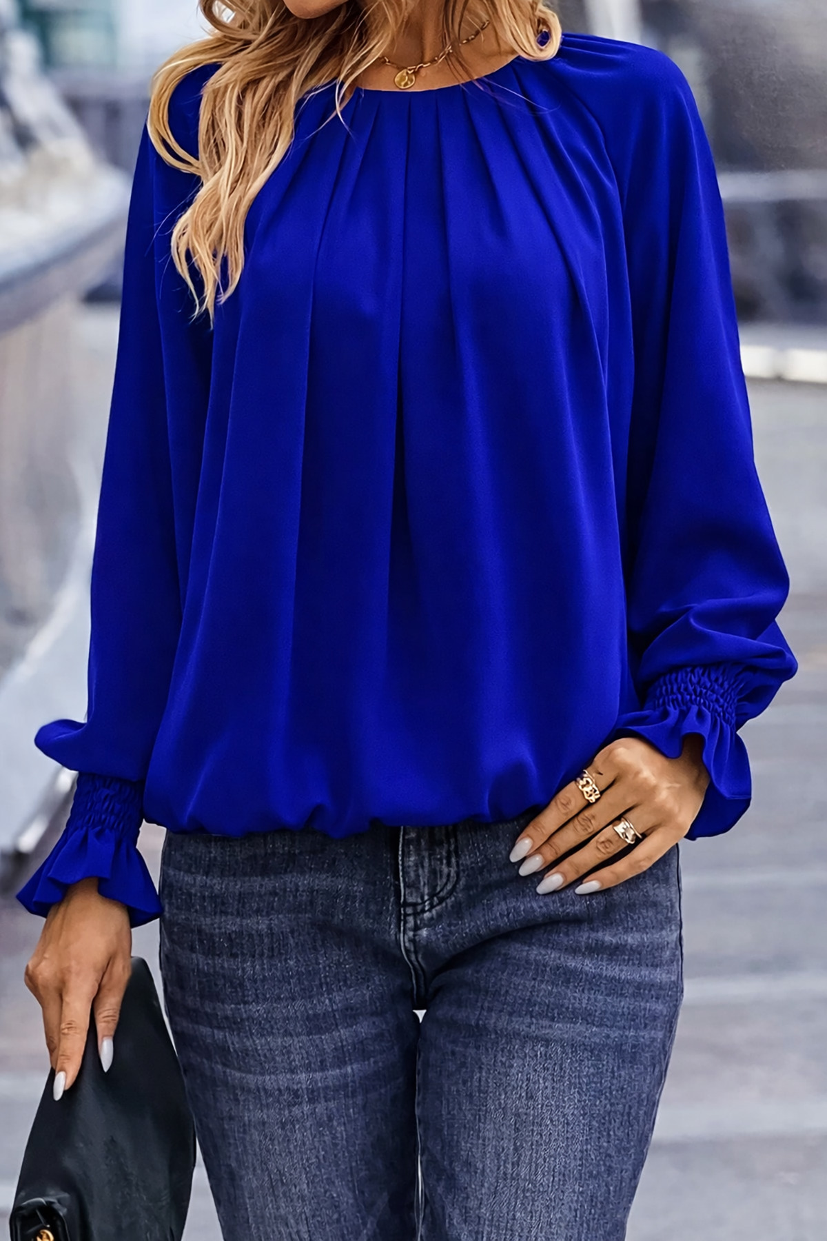 Deafox Сакс Блакитна Блузка з круглим коміром, плісированими рукавами та креп...