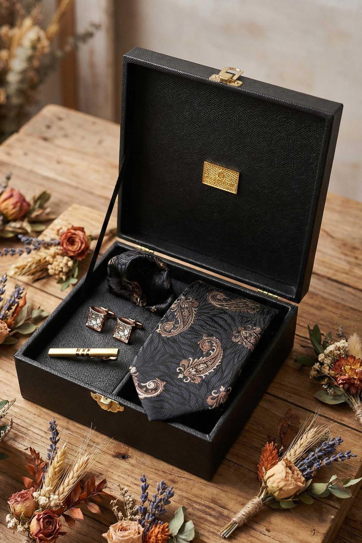  جعبه هدیه مردانه مشکی - کراوات، دکمه سرآستین، سنجاق کراوات KMK127