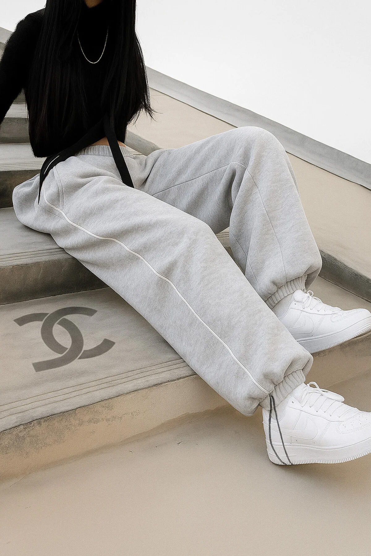 De Carte  3li Harajuku Streetwear Side Strip Kadın Bol Ayarlanabilir Geniş Paça Eşofman Altı - Görsel 3