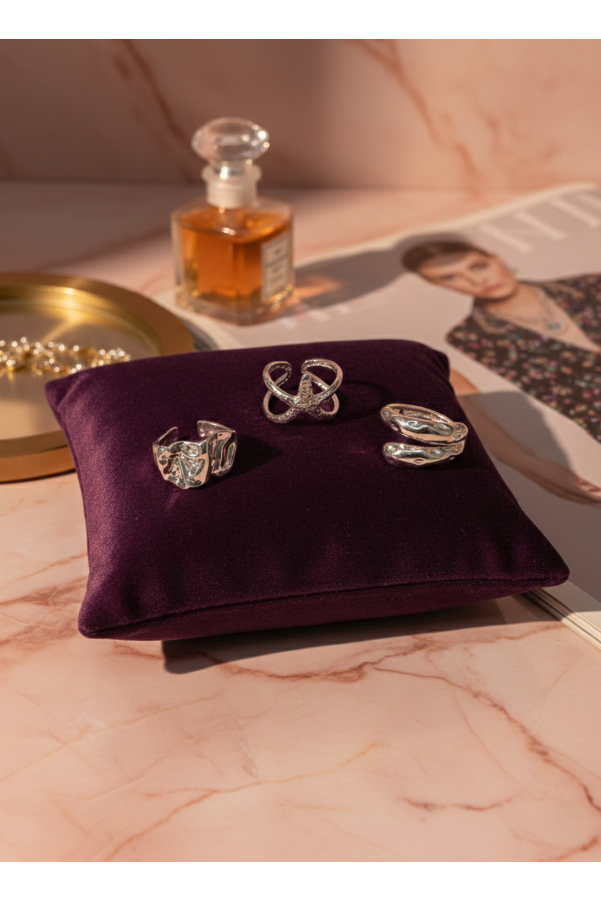Elmosia Jewelry Gümüş Renk Ayarlanabilir Çoklu Yüzük Seti | Deniz Yıldızı Figürlü Bohem Minimal Kadın Yüzük görsel 2