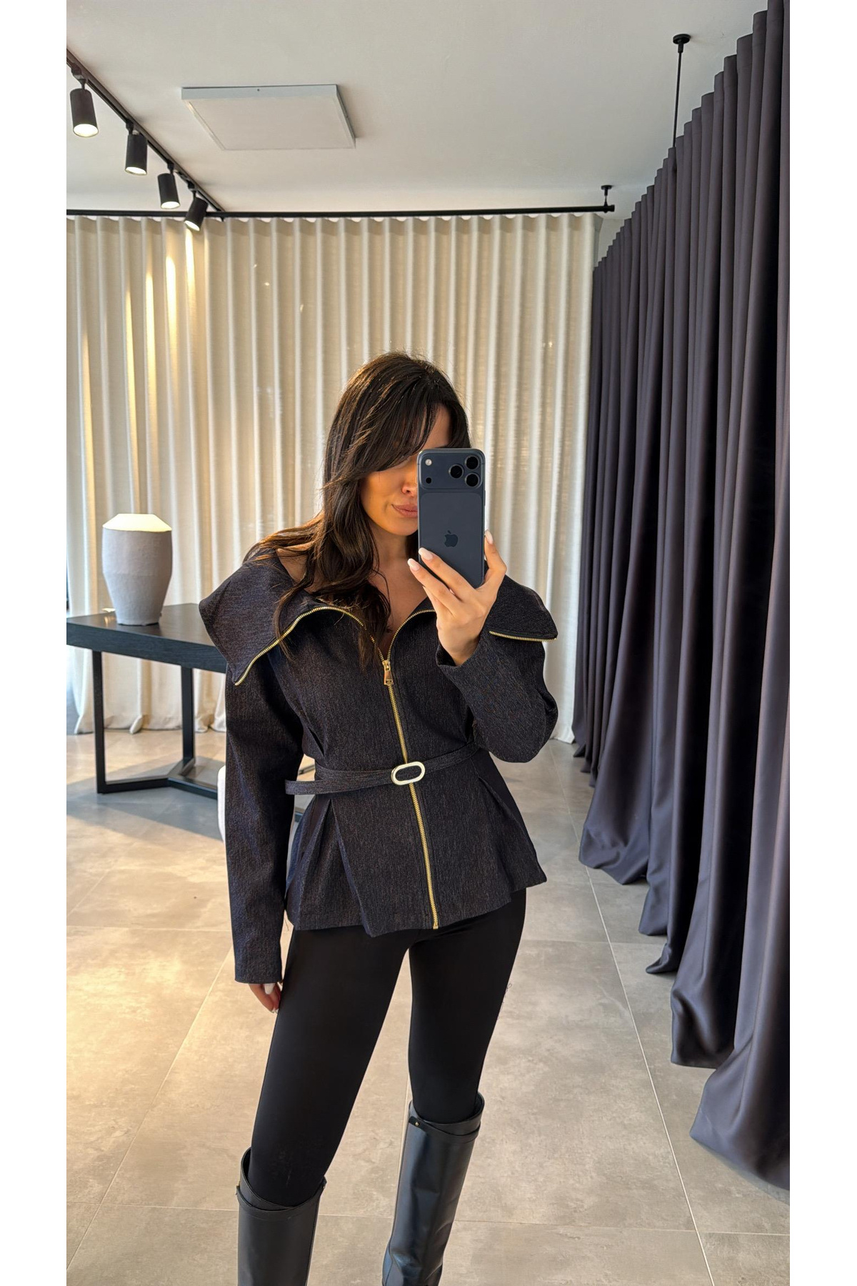 HARMONY GLOBAL  Kadın Denim Kemerli Fermuarlı Tasarım Kot Gömlek 7729 - Görsel 3