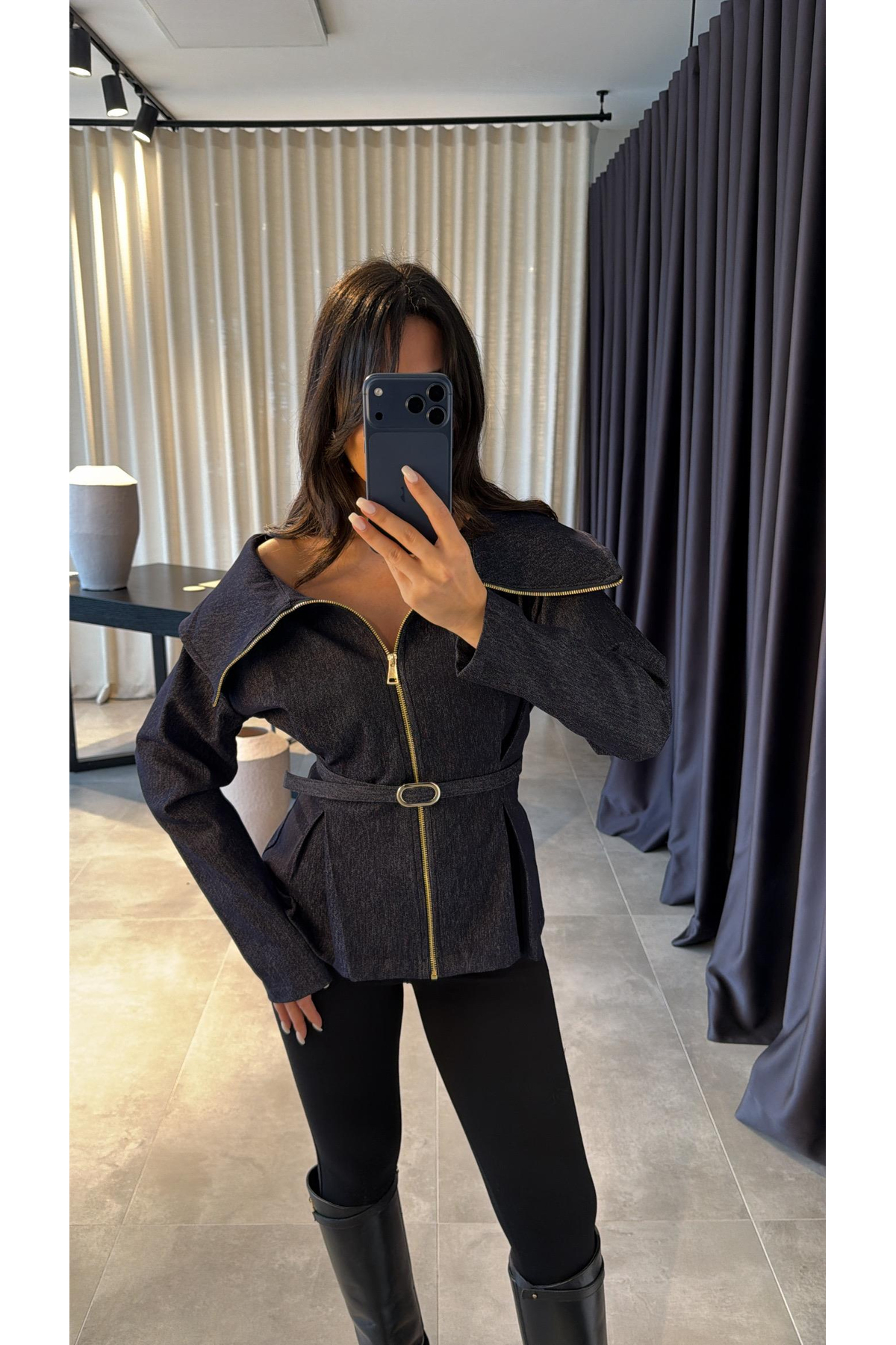 HARMONY GLOBAL  Kadın Denim Kemerli Fermuarlı Tasarım Kot Gömlek 7729 - Görsel 7