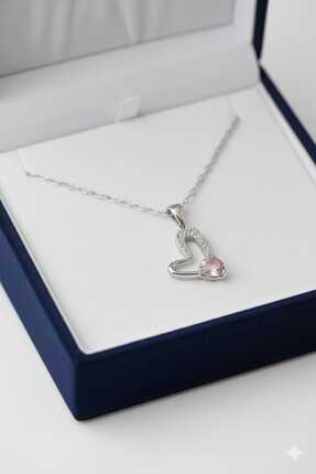 Glimz Jewelry Pembe Taşlı Kalpli Çelik Kolye