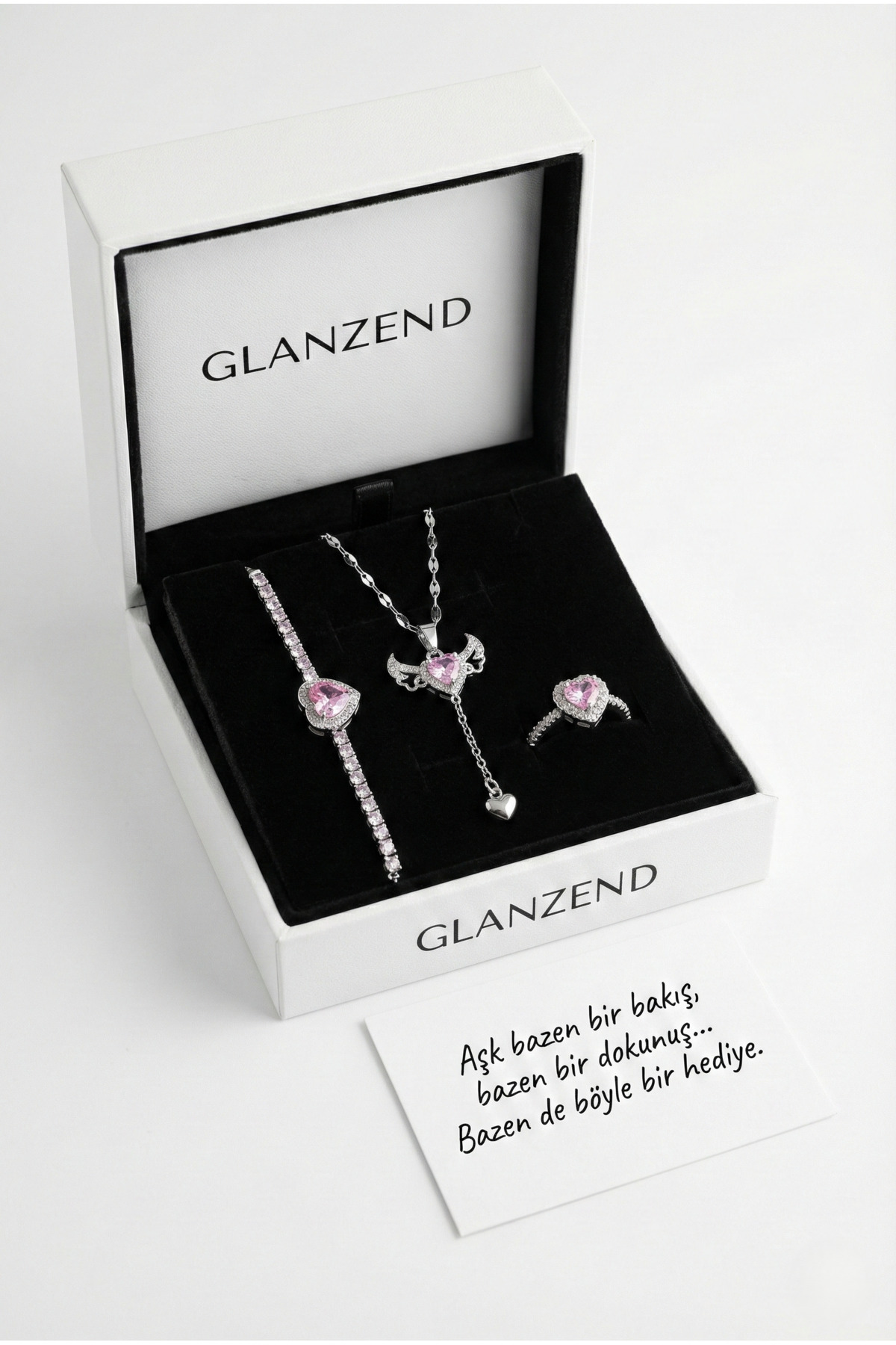 3-Piece Silver Heart Bracelet Winged Necklace Heart Ring Set