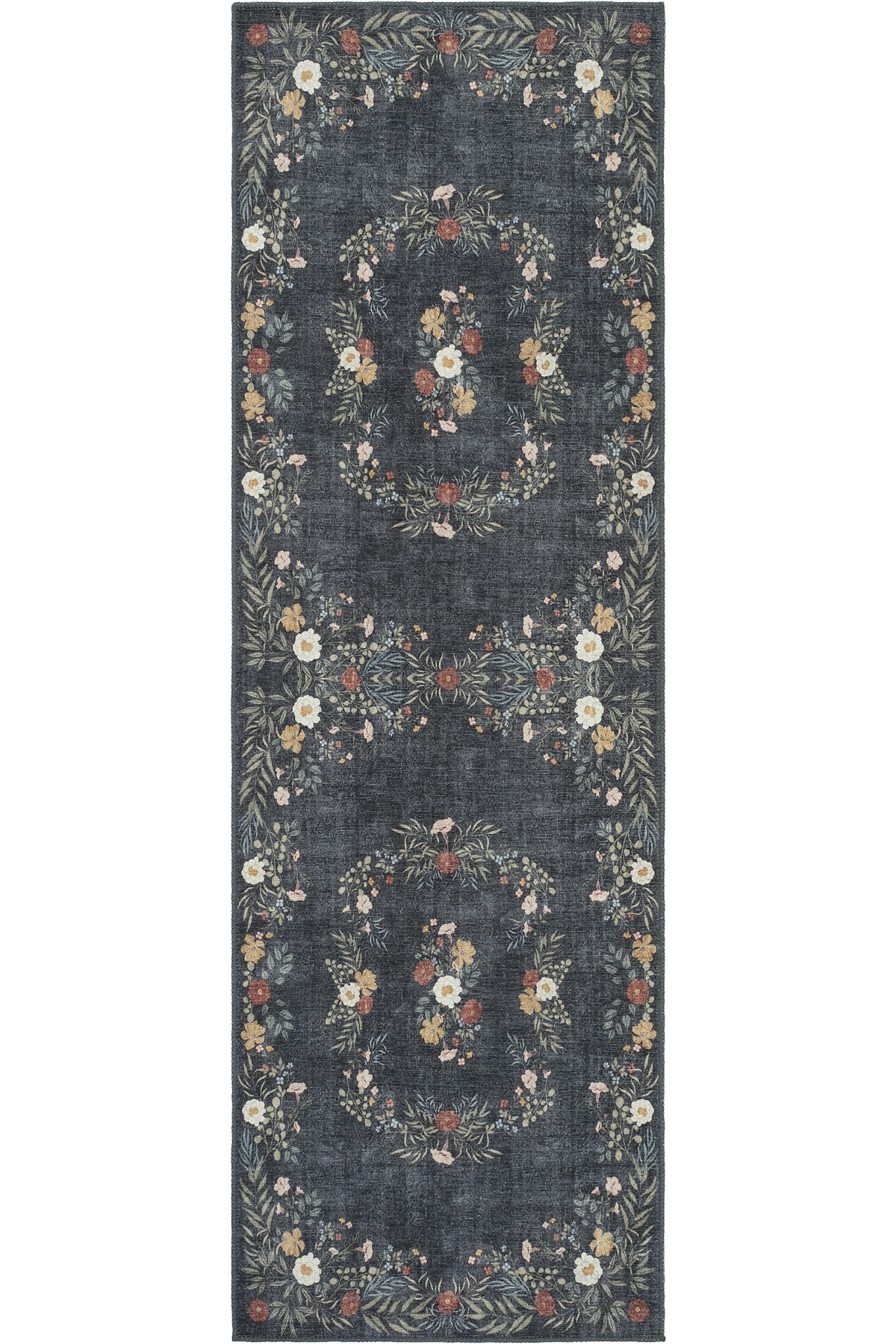 Florence Black Brown Floral Aged Authentic Washable Chenille Woven Printed Hall Entry Carpet Runner
