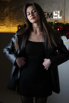 EMEL ERYILMAZ Siyah Deri Blazer Ceket Premium