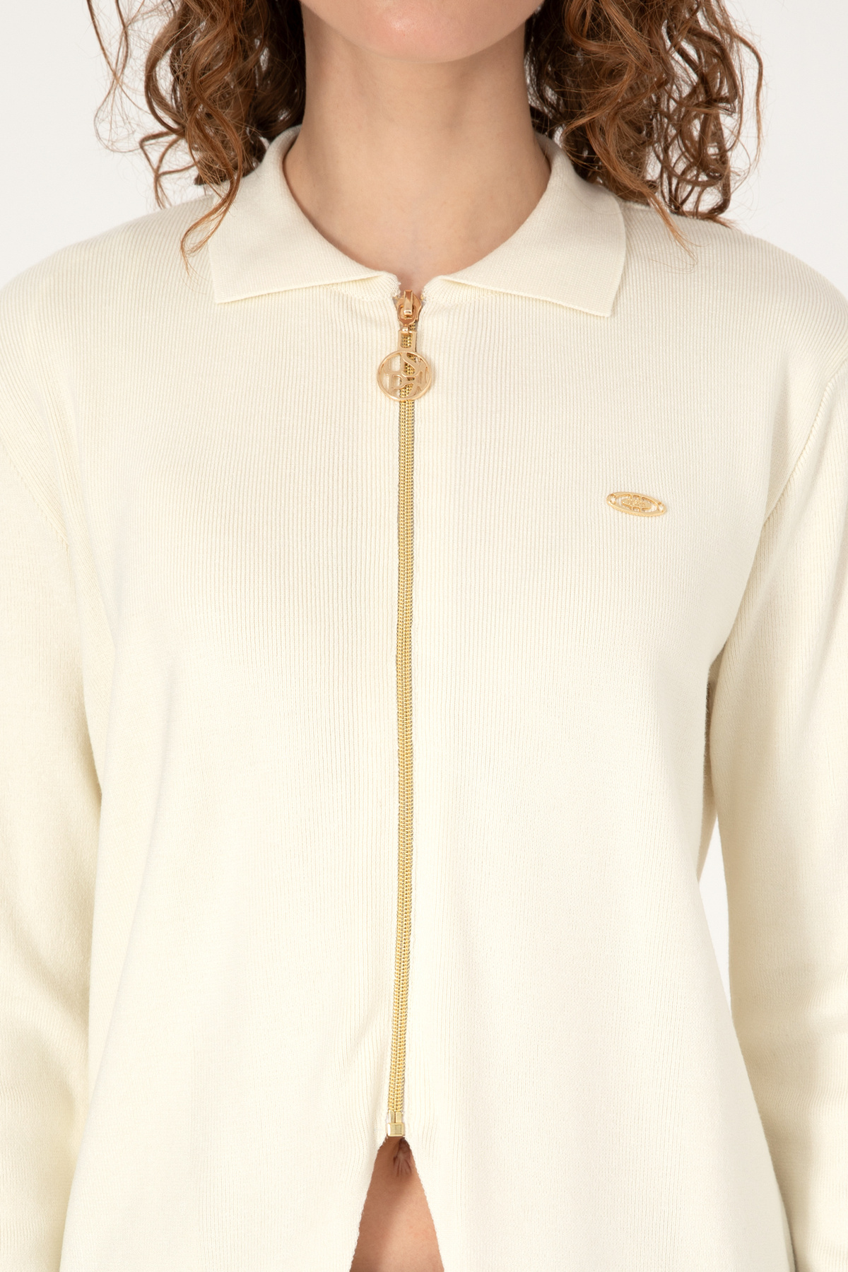 U.S. Polo Assn.  Kadın Krem Fermuarlı Polo Yaka Triko Hırka 50317375-VR256 - Görsel 6