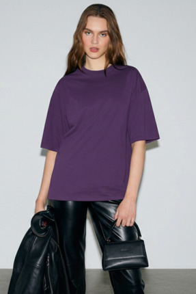 Softandbasic Kadın %100 Organik Pamuk Oversize Fit Basic Yuvarlak Yaka T-shirt