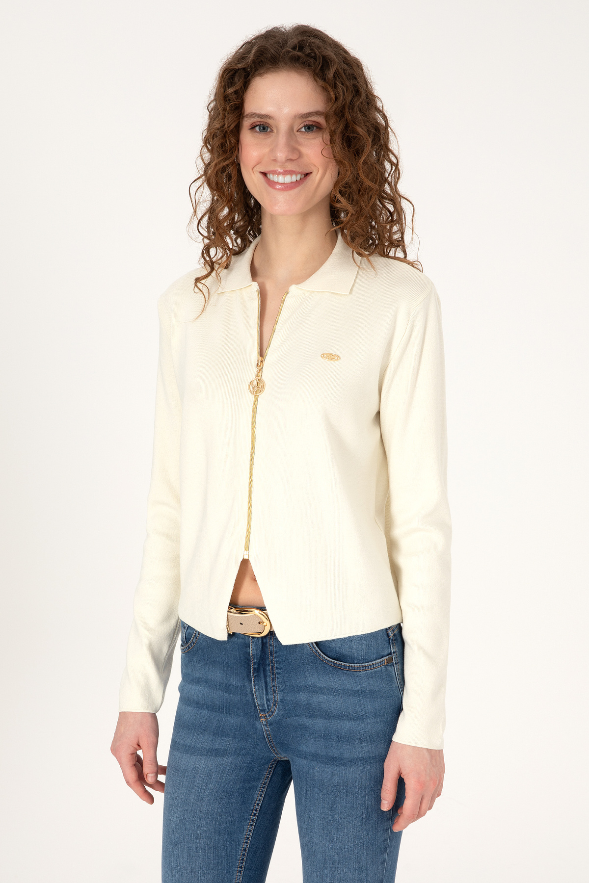 U.S. Polo Assn.  Kadın Krem Fermuarlı Polo Yaka Triko Hırka 50317375-VR256